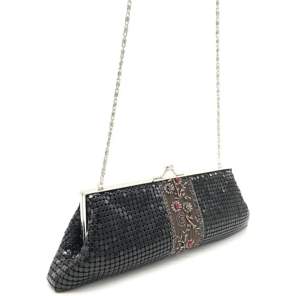 ⚡ Women's Black Embroidered Floral Pattern Metal Kiss Lock Evening Clutch Bag